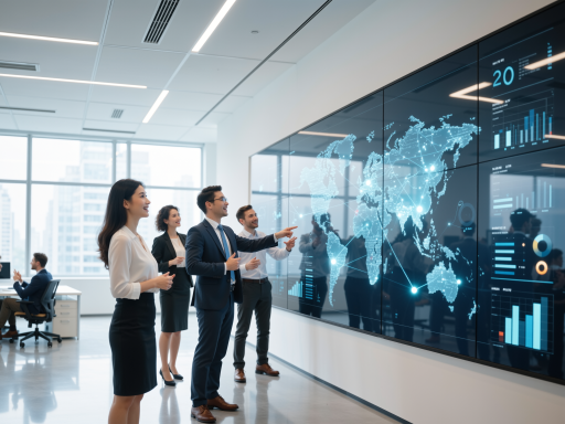 AI技术研发团队工作场景,多名技术人员在现代化办公室中讨论AI算法,墙上显示AI模型图表,体现科技感