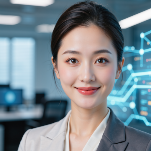 三十多岁女性，穿着职业装，短发干练，面带微笑，背景为科技感会议室，光线明亮